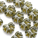 11x13mm Olive green leaf beads, Maple glass leaves, Silver inlays - 10pc