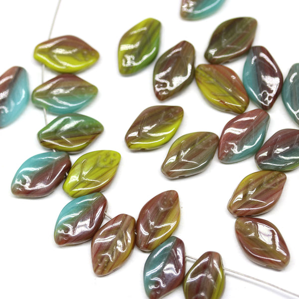 Light Mint Green Opal Leaf Beads, Czech Glass Nature Leaves 25/PKG