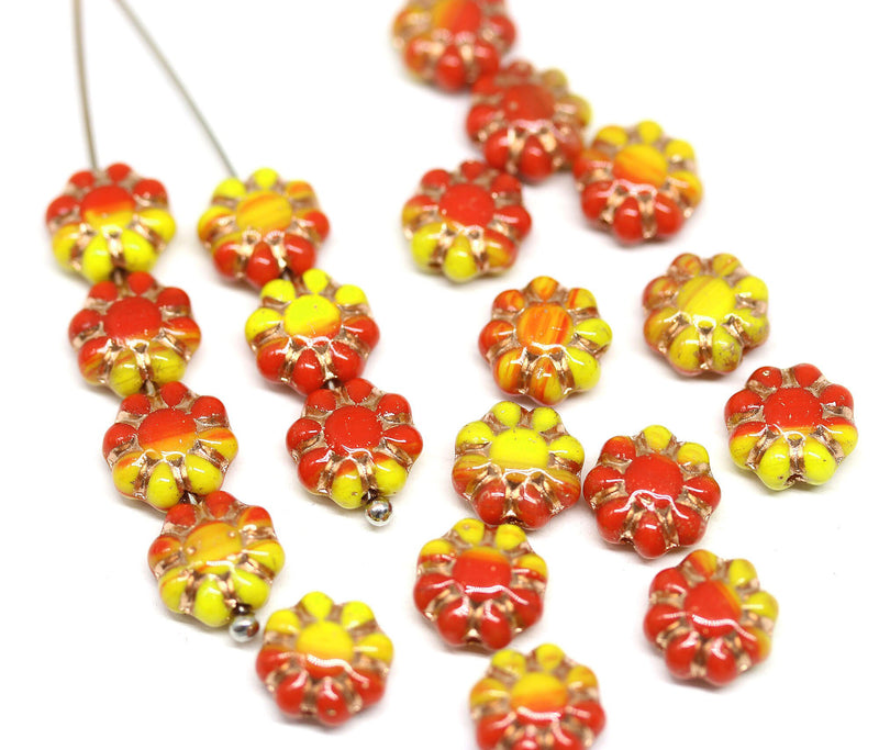 9mm Red yellow Czech glass daisy flower beads golden inlays 20pc