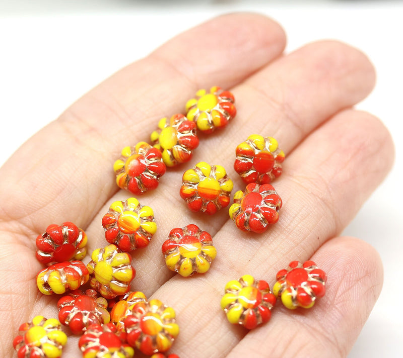 9mm Red yellow Czech glass daisy flower beads golden inlays 20pc