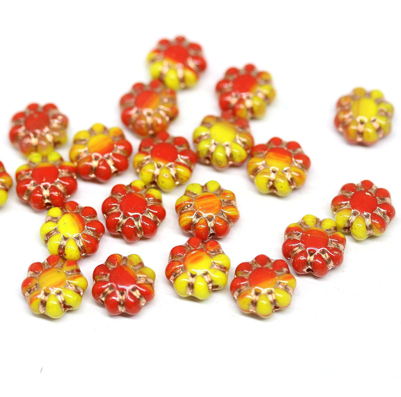 9mm Red yellow Czech glass daisy flower beads golden inlays 20pc