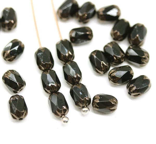 6x4mm Black rice czech glass fire polished beads golden ends, 25pc