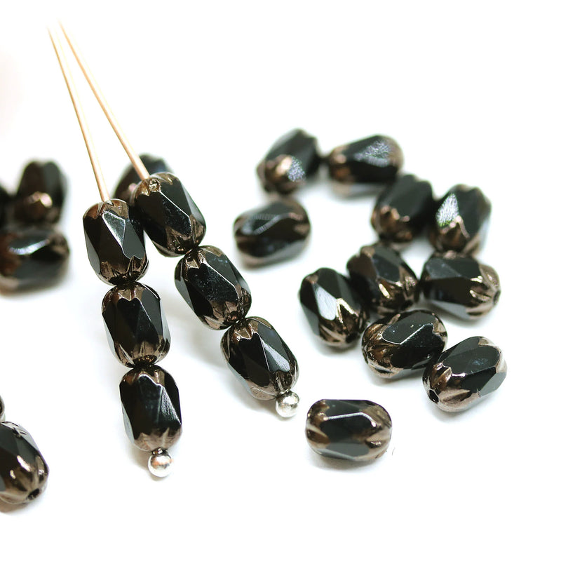 6x4mm Black rice czech glass fire polished beads golden ends, 25pc