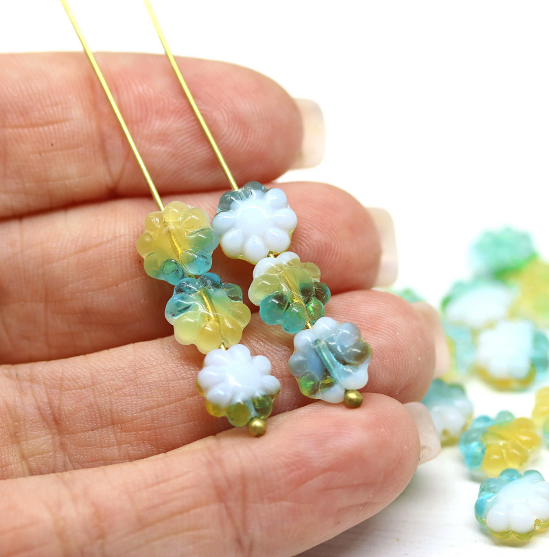 9mm Blue yellow Czech glass daisy flower beads, 20pc