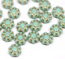 9mm Mint green Czech glass daisy flower beads, gold inlays 20pc