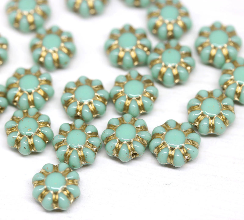 9mm Mint green Czech glass daisy flower beads, gold inlays 20pc