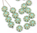 9mm Mint green Czech glass daisy flower beads, gold inlays 20pc