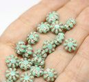 9mm Mint green Czech glass daisy flower beads, gold inlays 20pc
