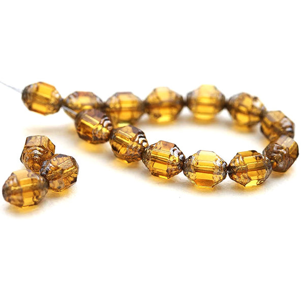 8x6mm Yellow topaz cathedral gold ends czech glass barrel beads, 15Pc
