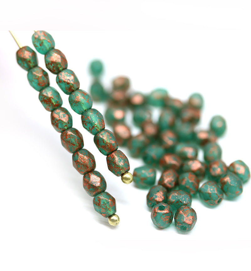 4mm Teal frosted czech glass fire polished beads, copper wash