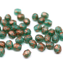 4mm Teal frosted czech glass fire polished beads, copper wash