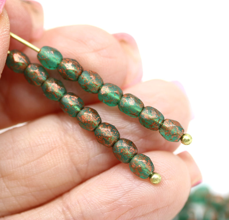 4mm Teal frosted czech glass fire polished beads, copper wash