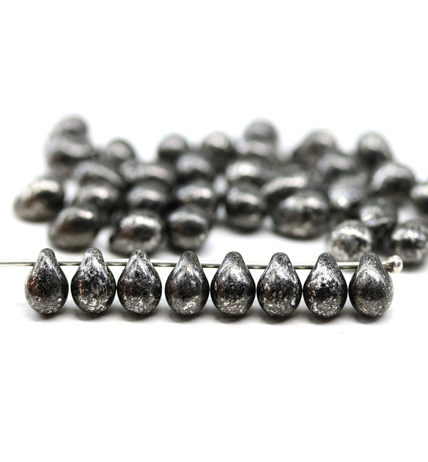 5x7mm Jet black teardrops pressed czech glass beads, Silver wash
