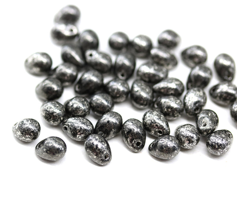 5x7mm Jet black teardrops pressed czech glass beads, Silver wash