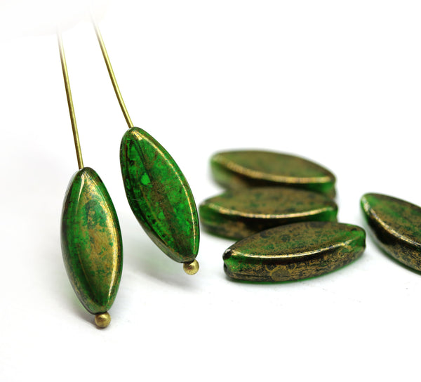 18x7mm Emerald green flat oval fire polished Czech glass beads, golden finish, 6Pc