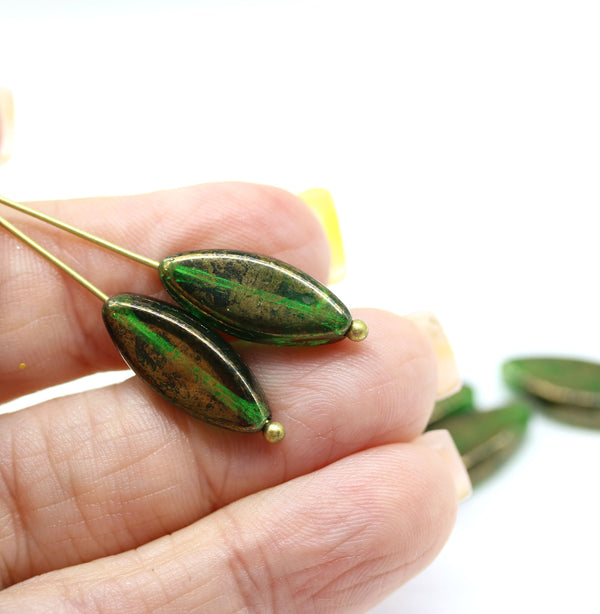 18x7mm Emerald green flat oval fire polished Czech glass beads, golden finish, 6Pc