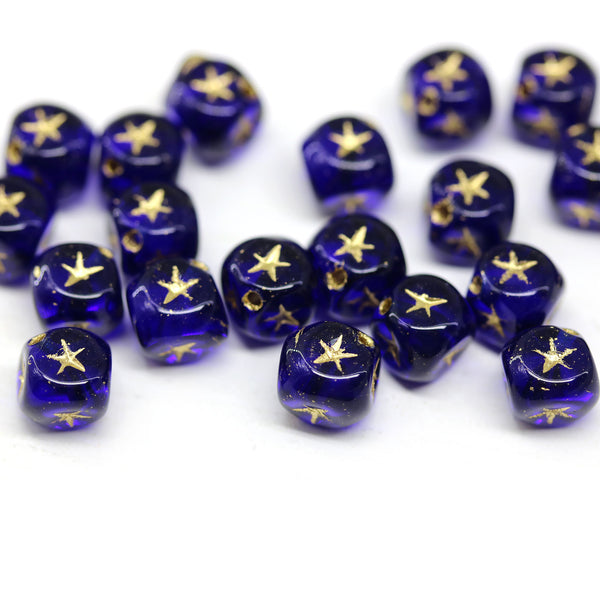 7mm Dark blue cube czech glass beads, golden star ornament, 25pc