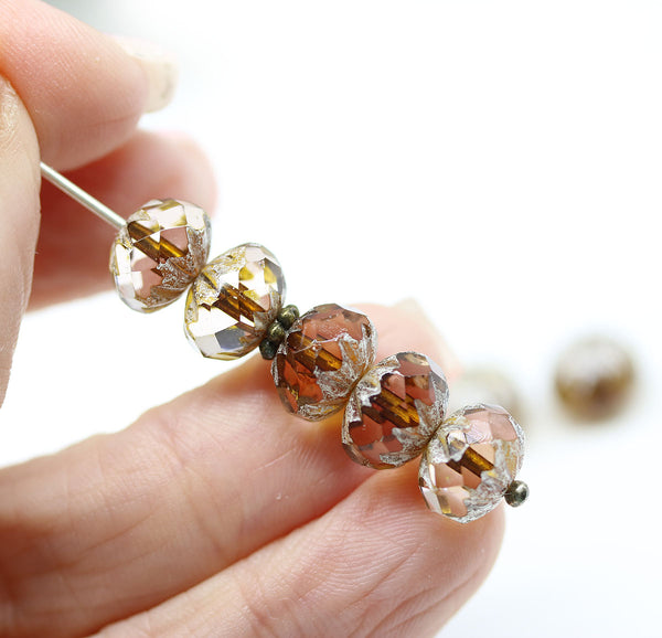 7x10mm Pink brown crueller rondelle Czech glass picasso beads