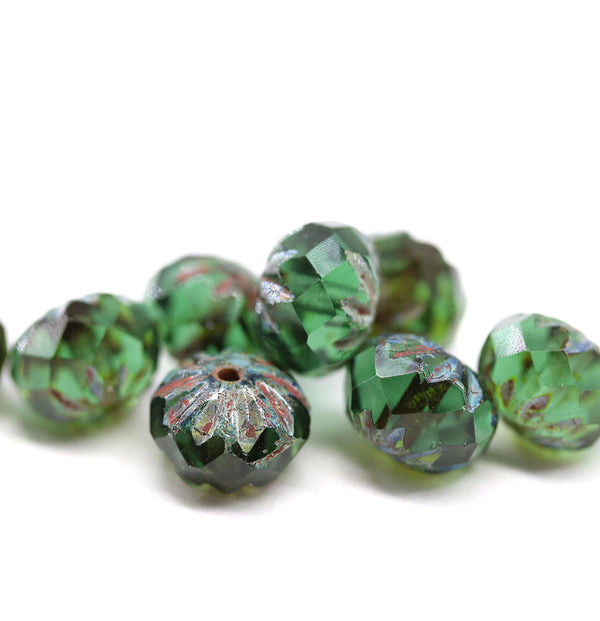7x10mm Green crueller rondelle Czech glass picasso beads