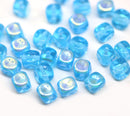 6mm Blue cube Czech glass pressed beads, AB finish, center drilled, 30pc