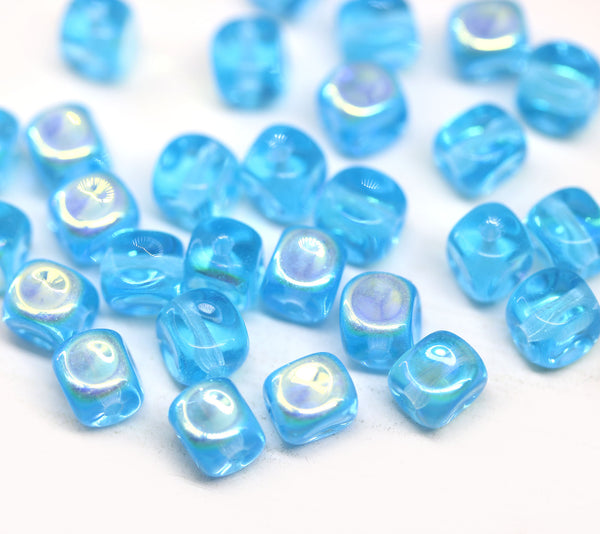 6mm Blue cube Czech glass pressed beads, AB finish, center drilled, 30pc