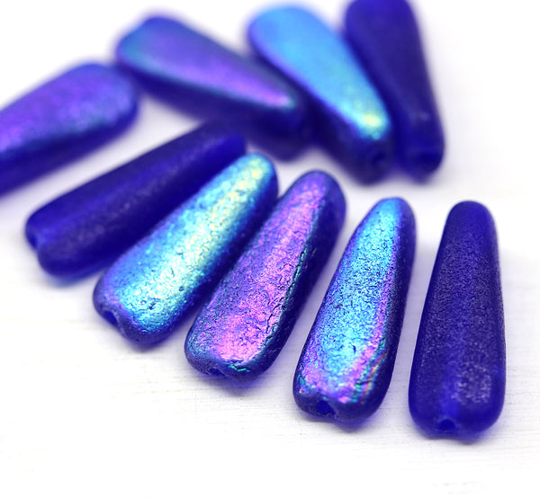 17x6mm Long cobalt blue triangle beads Ab finish Czech glass, 10Pc