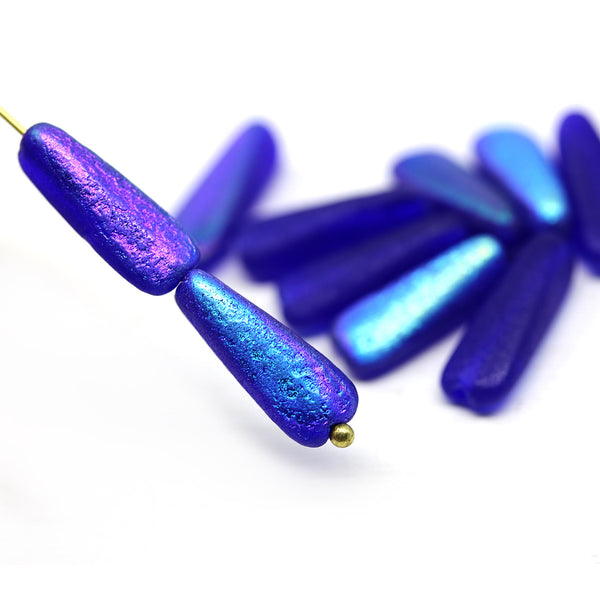 17x6mm Long cobalt blue triangle beads Ab finish Czech glass, 10Pc
