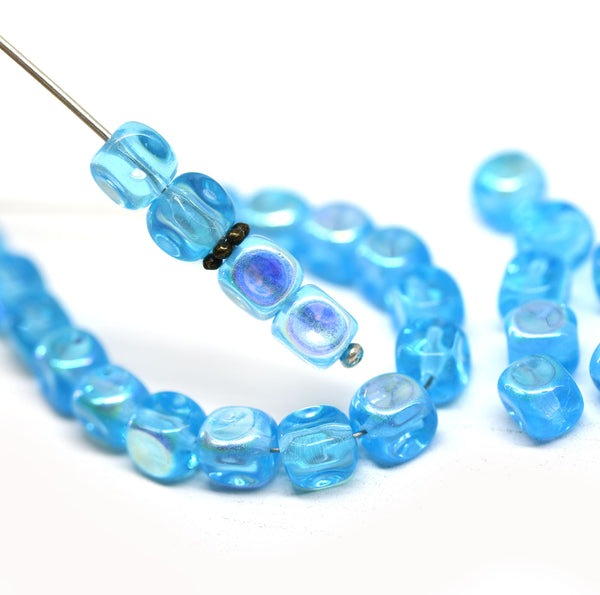 6mm Blue cube Czech glass pressed beads, AB finish, center drilled, 30pc