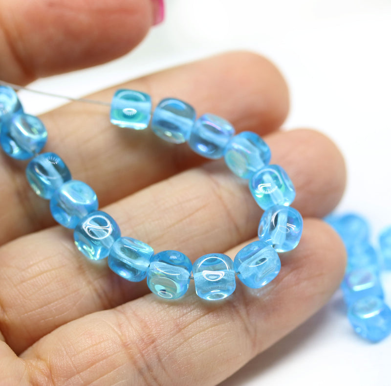 6mm Blue cube Czech glass pressed beads, AB finish, center drilled, 30pc