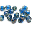 8x6mm Capri Blue cathedral Picasso czech glass barrel beads
