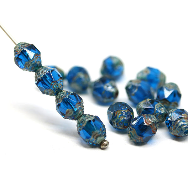 8x6mm Capri Blue cathedral Picasso czech glass barrel beads