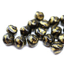 8mm Black Czech glass round baroque beads, gold wash, 20Pc