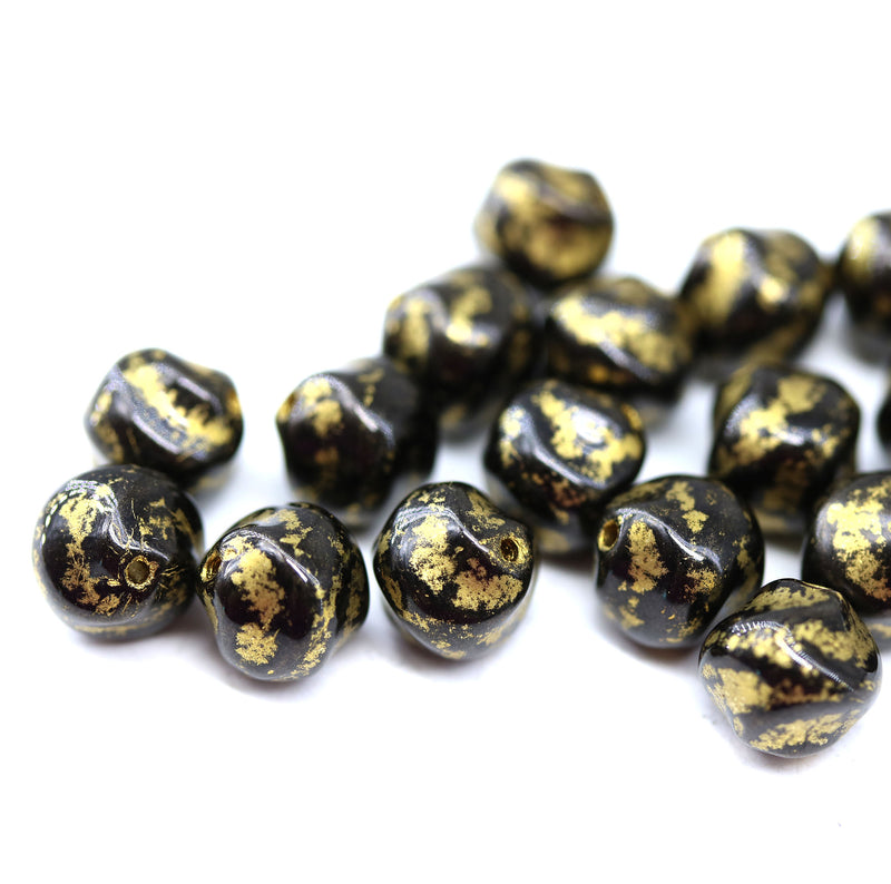 8mm Black Czech glass round baroque beads, gold wash, 20Pc