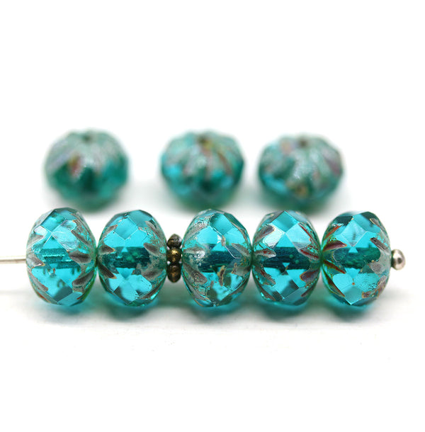7x10mm Teal green crueller rondelle Czech glass picasso beads