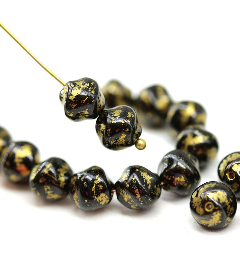 8mm Black Czech glass round baroque beads, gold wash, 20Pc