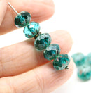 7x10mm Teal green crueller rondelle Czech glass picasso beads
