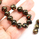 8mm Black Czech glass round baroque beads, gold wash, 20Pc