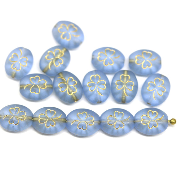 10x8mm Matte Blue shamrock czech glass beads, golden inlays, 15Pc