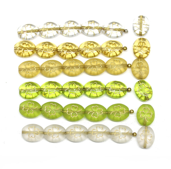 10x8mm Shamrock czech glass beads, golden inlays, 15Pc