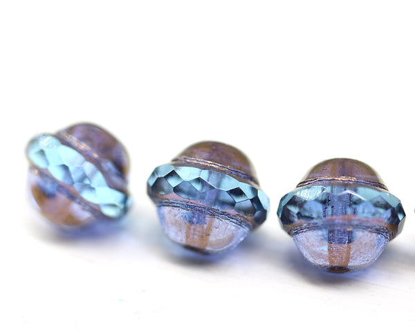 10x12mm Blue copper saucer Czech glass beads UFO shape 4pc