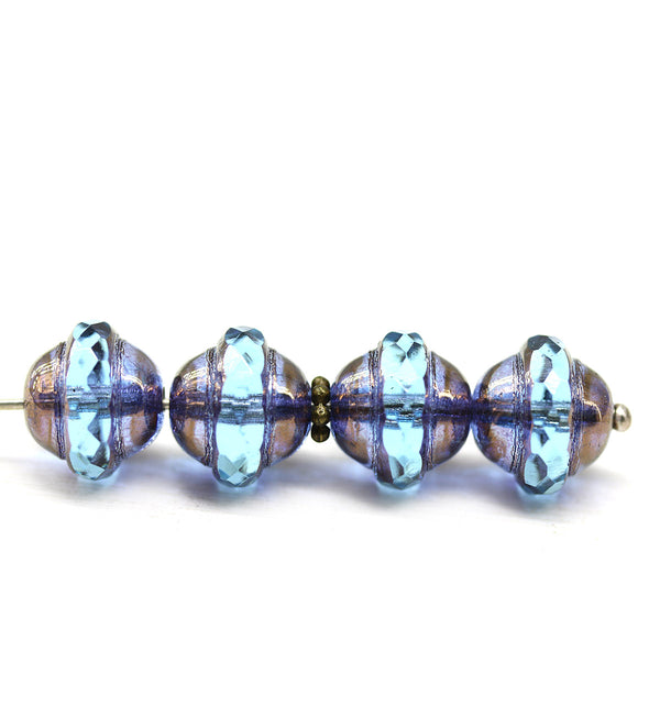 10x12mm Blue copper saucer Czech glass beads UFO shape 4pc