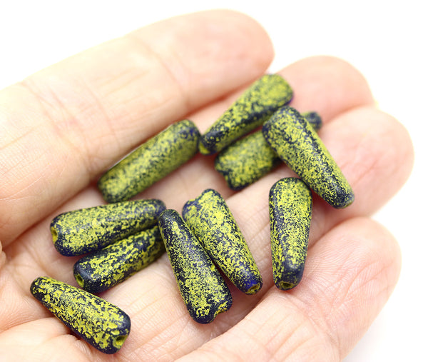17x6mm Long cobalt blue triangle beads yellow wash Czech glass, 10Pc