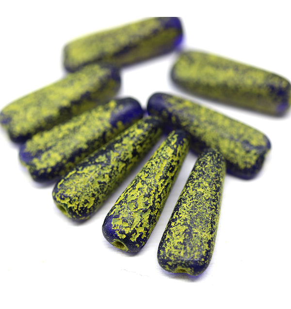 17x6mm Long cobalt blue triangle beads yellow wash Czech glass, 10Pc