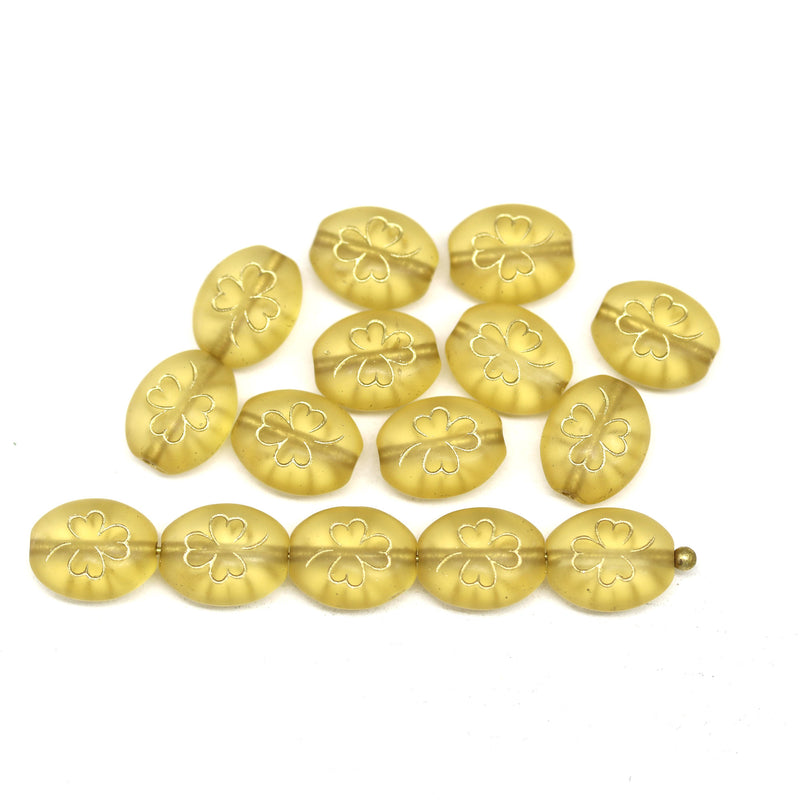 10x8mm Shamrock czech glass beads, golden inlays, 15Pc