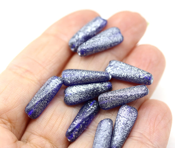 17x6mm Long cobalt blue triangle beads silver wash Czech glass, 10Pc