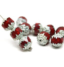 8mm Opaque red cathedral beads Czech glass silver ends