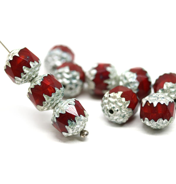 8mm Opaque red cathedral beads Czech glass silver ends