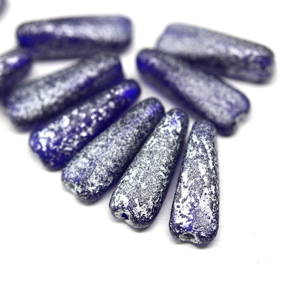 17x6mm Long cobalt blue triangle beads silver wash Czech glass, 10Pc