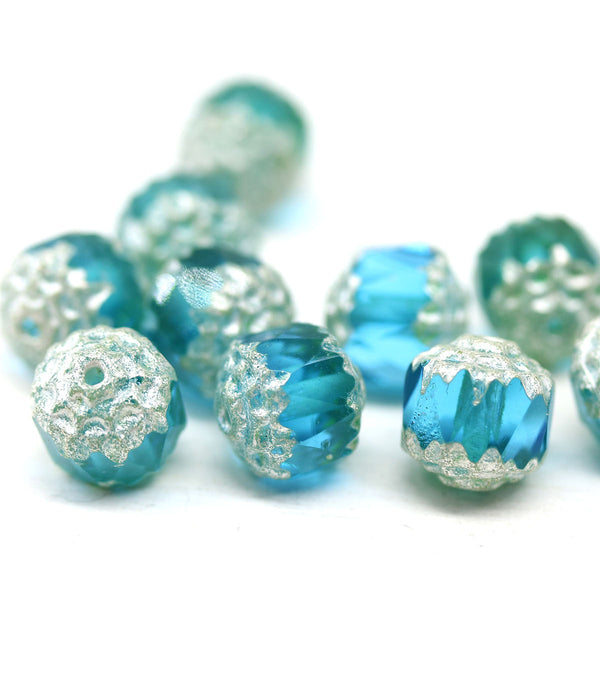 8mm Blue cathedral beads Czech glass silver ends