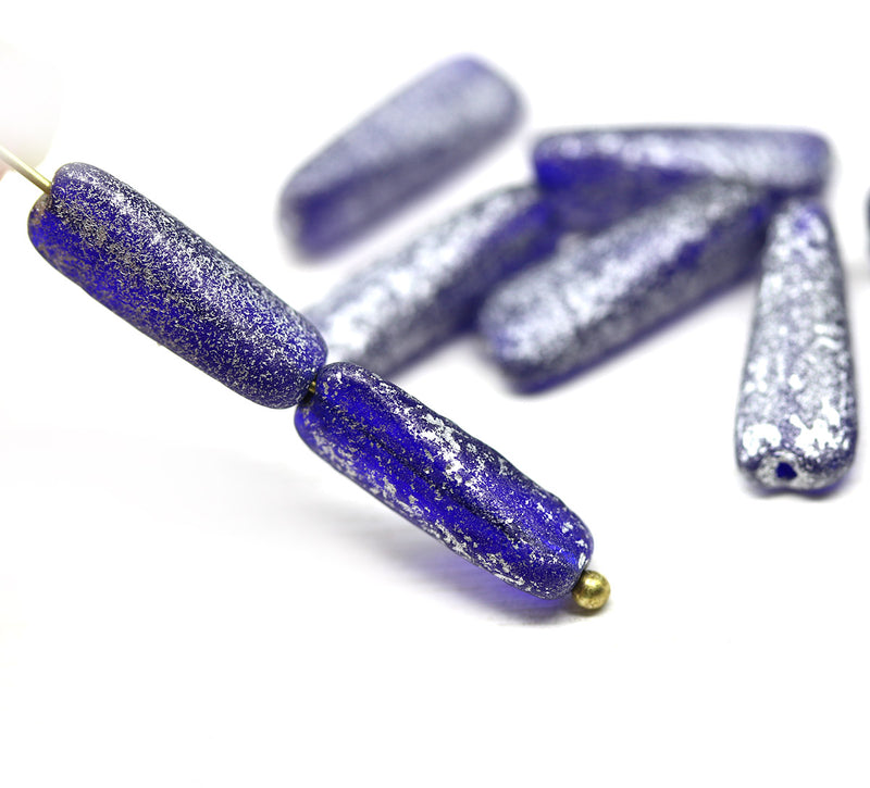 17x6mm Long cobalt blue triangle beads silver wash Czech glass, 10Pc